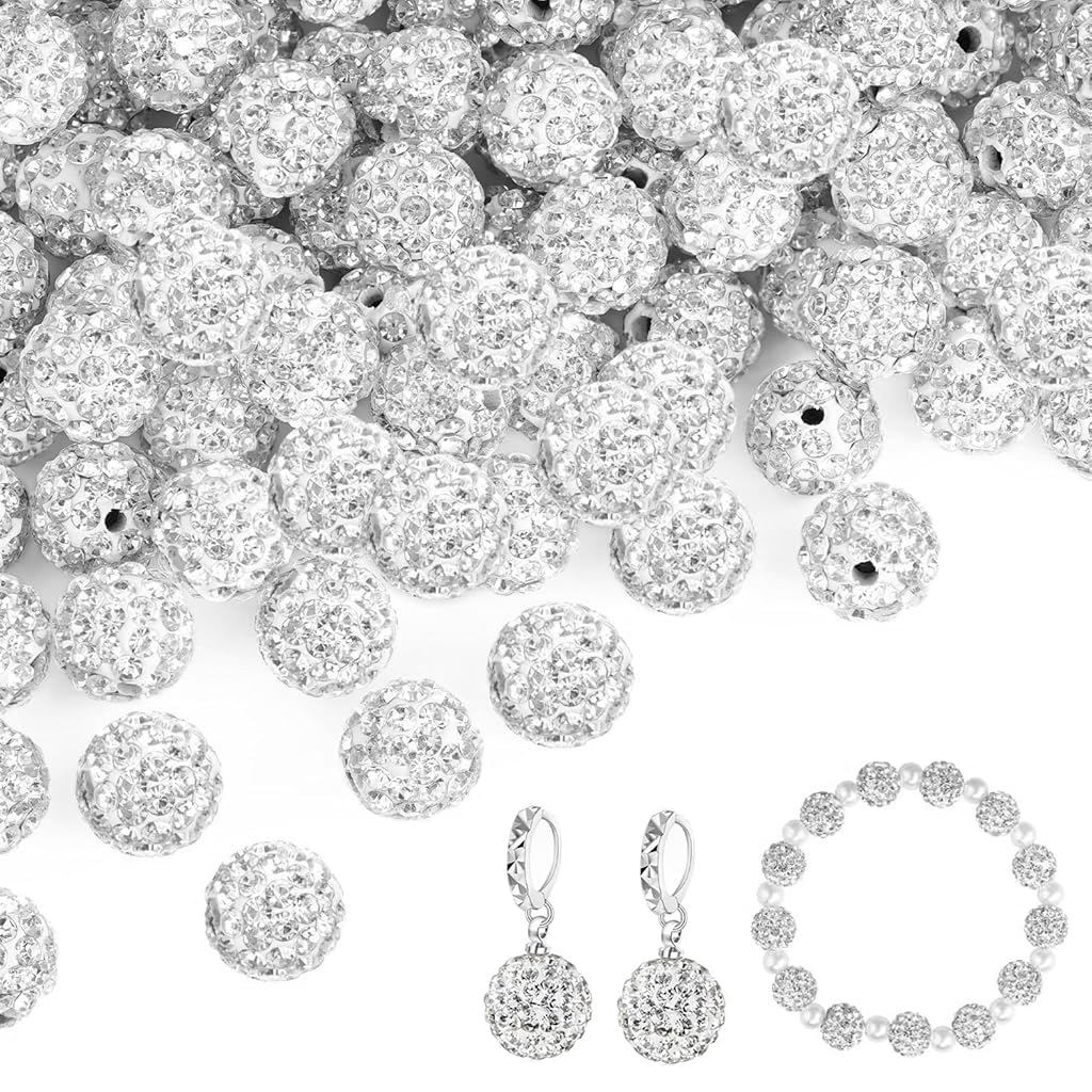 SANNIDHI 100Pcs Rhinestone Crystal Beads for Jewellery Making, 10mm Sparkle Clay Beads Kit, Polymer Ball Round Bracelet Beads White Craft Beads for Necklace Bracelet Earring Making Party Decor SANNIDHI 100Pcs Rhinestone Crystal Beads for Jewellery Making, 10mm Sparkle Clay Beads Kit, Polymer Ball Round Bracelet Beads White Craft Beads for Necklace Bracelet Earring Making Party Decor